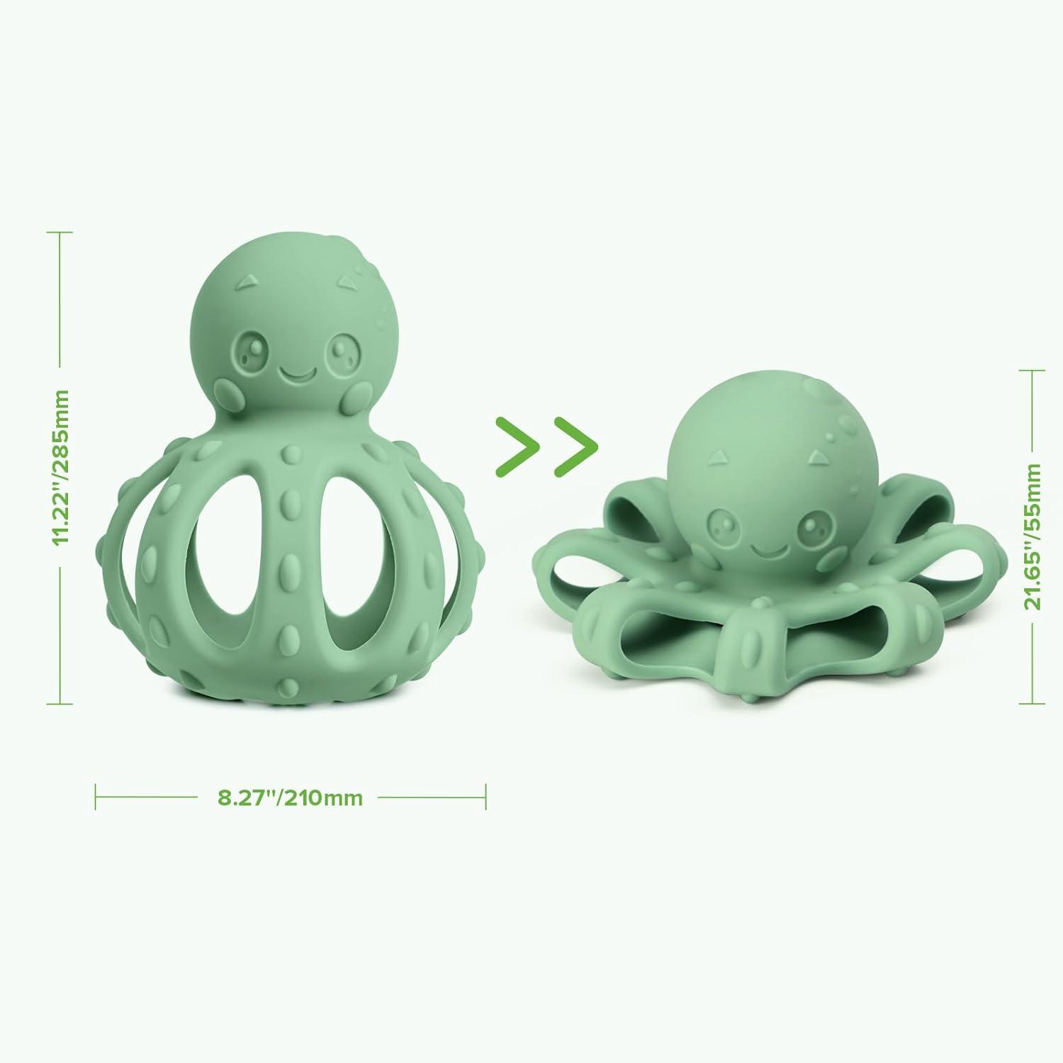 image:imagehaakaa 2in1 Baby Teething ToyOctopus Teether with Gentle RattleSoft Textured Teether for Sore GumsEasy to Grasp Sensory Toy for Babies 3MPea GreenPea Green
