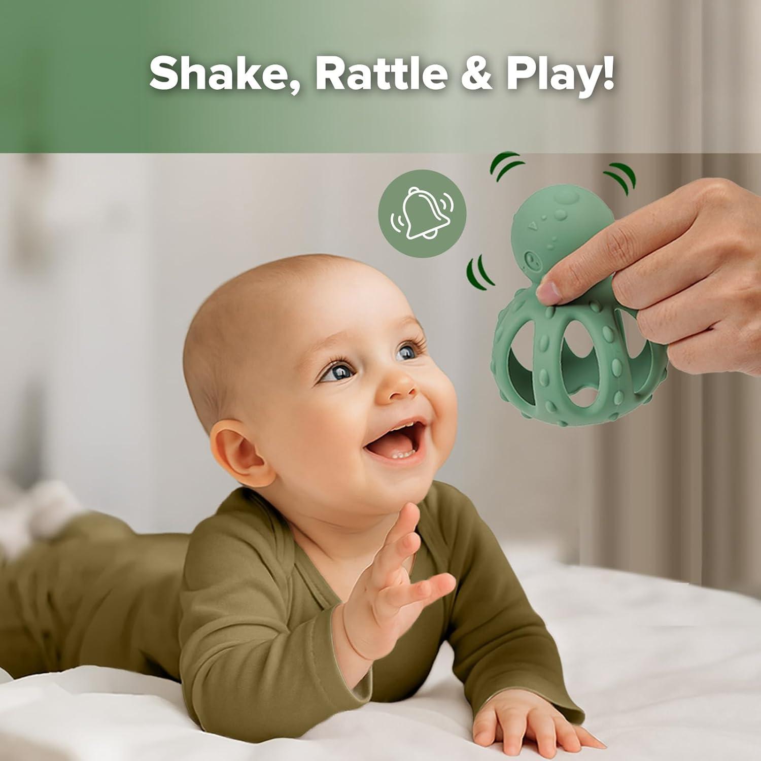 image:imagehaakaa 2in1 Baby Teething ToyOctopus Teether with Gentle RattleSoft Textured Teether for Sore GumsEasy to Grasp Sensory Toy for Babies 3MPea GreenPea Green