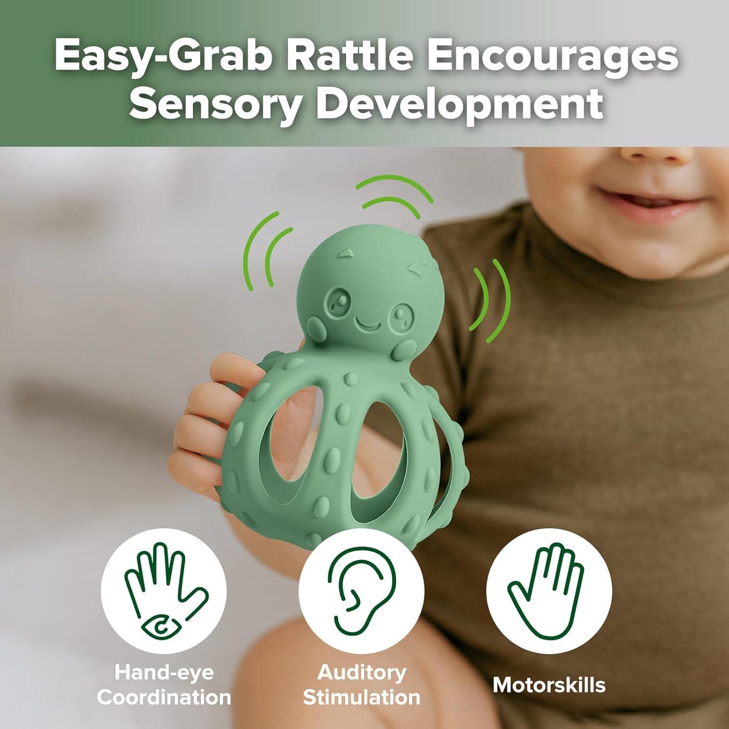 image:imagehaakaa 2in1 Baby Teething ToyOctopus Teether with Gentle RattleSoft Textured Teether for Sore GumsEasy to Grasp Sensory Toy for Babies 3MPea GreenPea Green