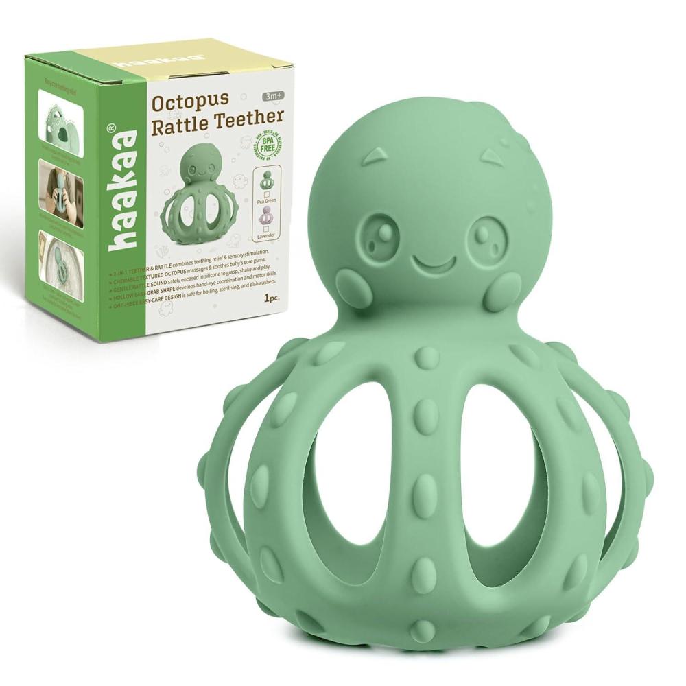 image:imagehaakaa 2in1 Baby Teething ToyOctopus Teether with Gentle RattleSoft Textured Teether for Sore GumsEasy to Grasp Sensory Toy for Babies 3MPea GreenPea Green