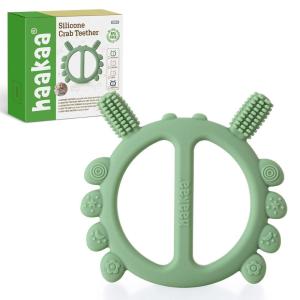 Haakaa Silicone Crab Baby Teether,Teething Toys,360° Baby Toothbrush Head for Infant Self-Brushing Training,Food-Grade Silicone,Pea Green(Pea Green)