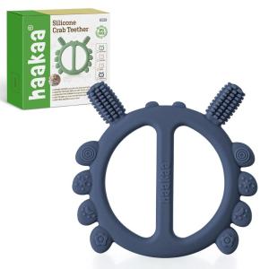 Haakaa Silicone Crab Baby Teether,Teething Toys,360° Baby Toothbrush Head for Infant Self-Brushing Training,Food-Grade Silicone,Pea Green(Steel Blue)