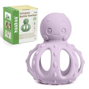 haakaa 2-in-1 Baby Teething Toy,Octopus Teether with Gentle Rattle,Soft Textured Teether for Sore Gums,Easy to Grasp Sensory Toy for Babies 3M+,Pea Green(Lavender)