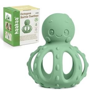 haakaa 2-in-1 Baby Teething Toy,Octopus Teether with Gentle Rattle,Soft Textured Teether for Sore Gums,Easy to Grasp Sensory Toy for Babies 3M+,Pea Green(Pea Green)