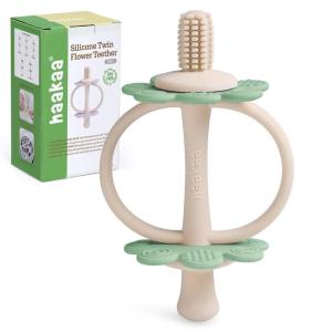 haakaa Silicone Teething Toy,Nipple-Shaped End for Gum Massage,360° Baby Toothbrush Head for Self-Brushing Training,Easy to Grip-Steel Blue(Pea Green)