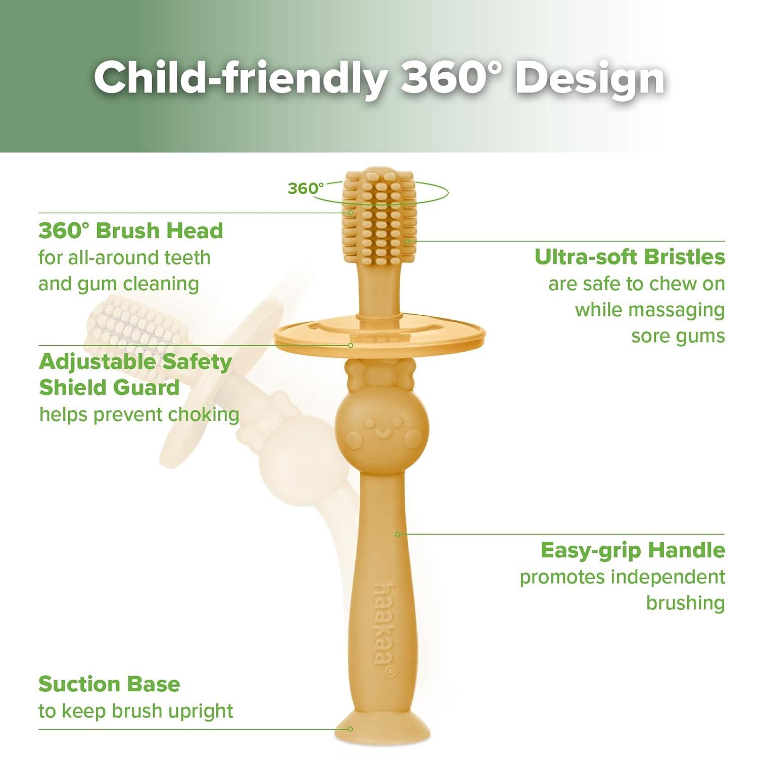 image:imagehaakaa 360 Baby Toothbrush with Suction Base Gentle Cleaning for Infant SelfBrushing Training FoodGrade Silicone Adjustable Safety Shield Pea Green 1 PieceMustard