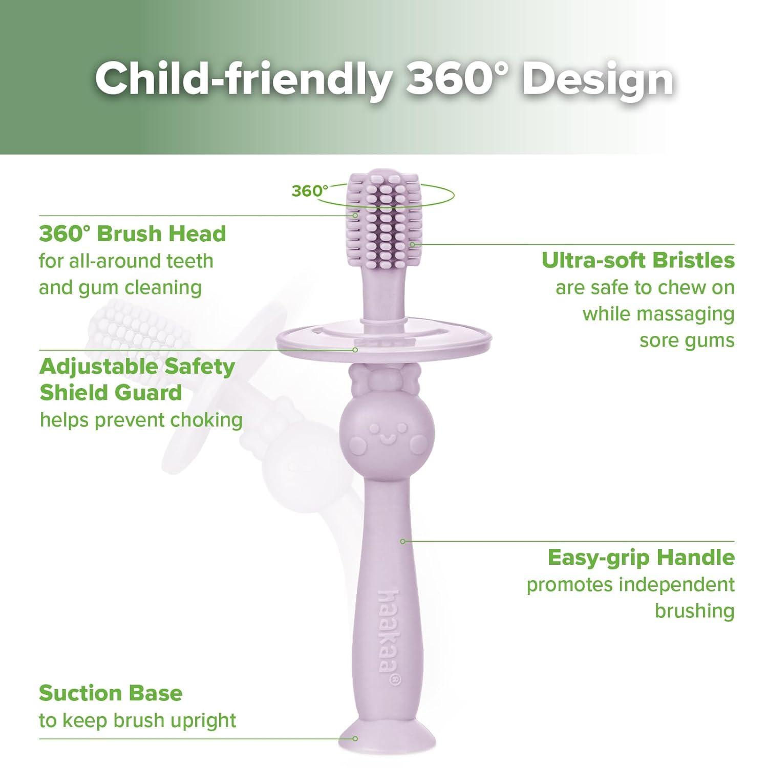 image:imagehaakaa 360 Baby Toothbrush with Suction Base Gentle Cleaning for Infant SelfBrushing Training FoodGrade Silicone Adjustable Safety Shield Pea Green 1 PieceLavender
