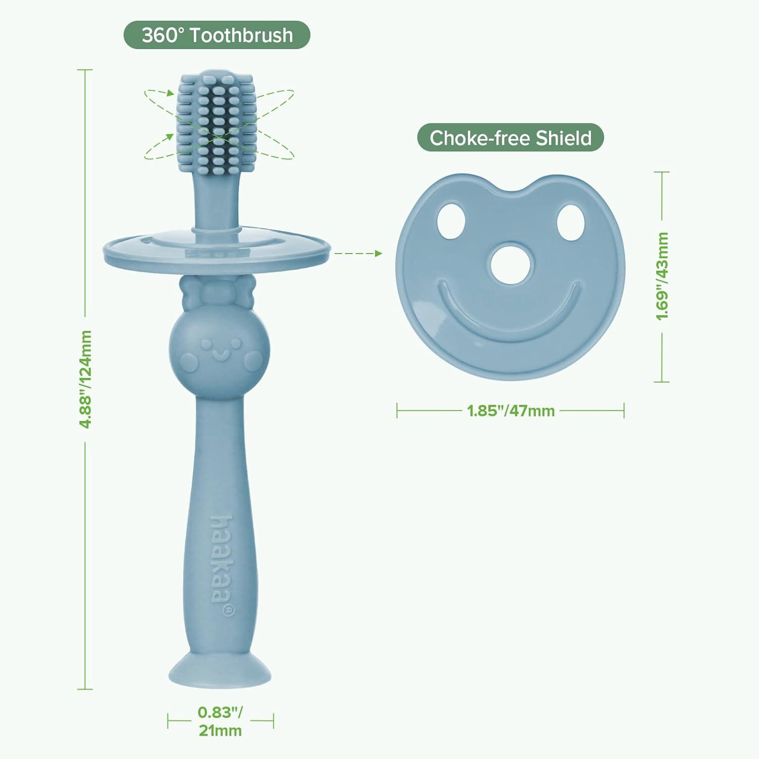 image:imagehaakaa 360 Baby Toothbrush with Suction Base Gentle Cleaning for Infant SelfBrushing Training FoodGrade Silicone Adjustable Safety Shield Pea Green 1 PieceSky Blue