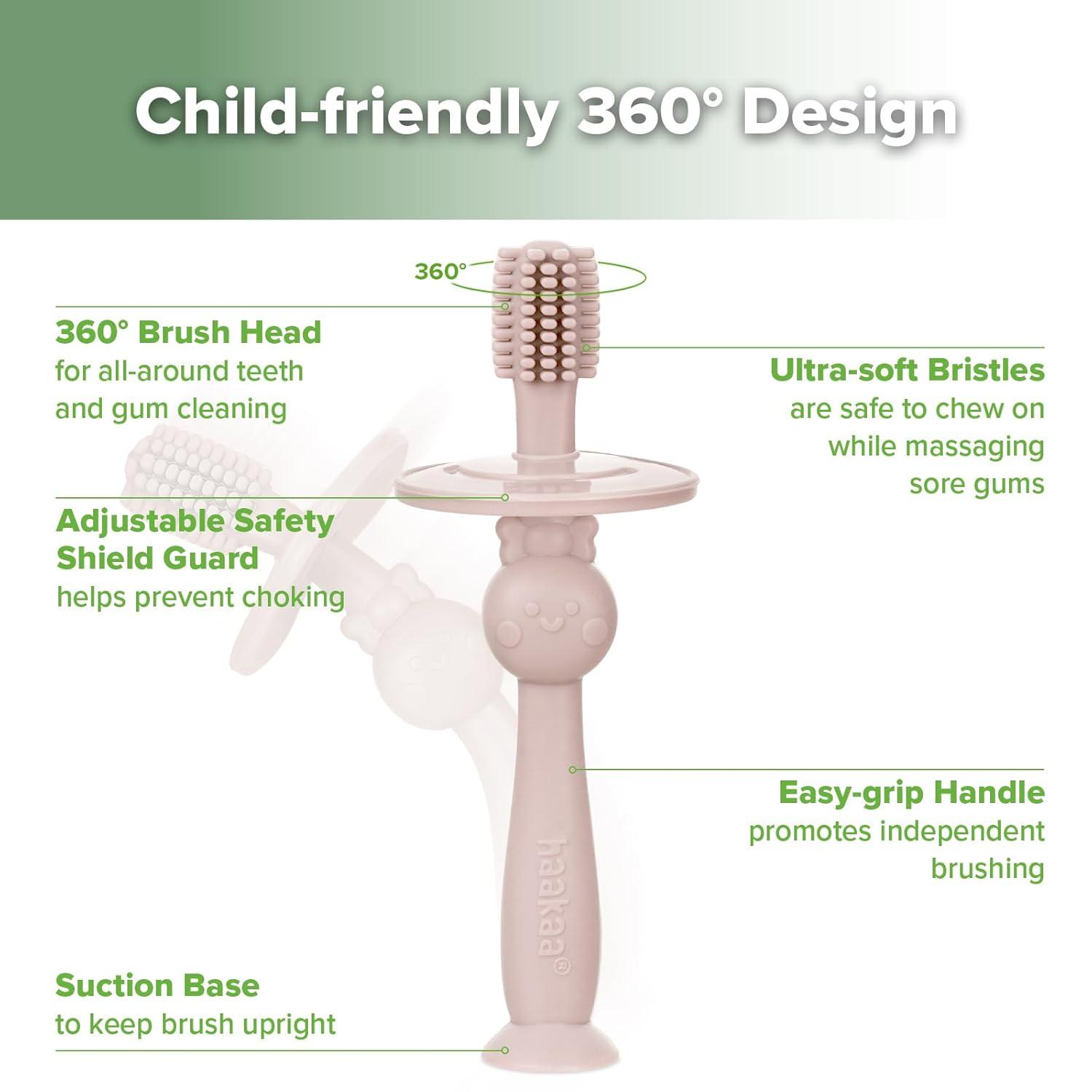 image:imagehaakaa 360 Baby Toothbrush with Suction Base Gentle Cleaning for Infant SelfBrushing Training FoodGrade Silicone Adjustable Safety Shield Pea Green 1 PieceDusty Pink