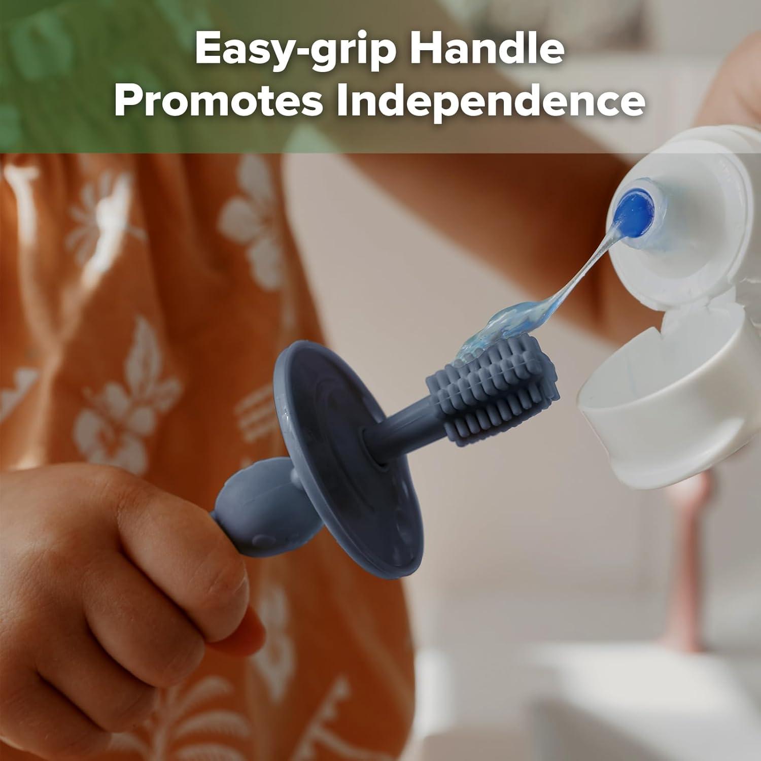 image:imagehaakaa 360 Baby Toothbrush with Suction Base Gentle Cleaning for Infant SelfBrushing Training FoodGrade Silicone Adjustable Safety Shield Pea Green 1 PieceSteel Blue