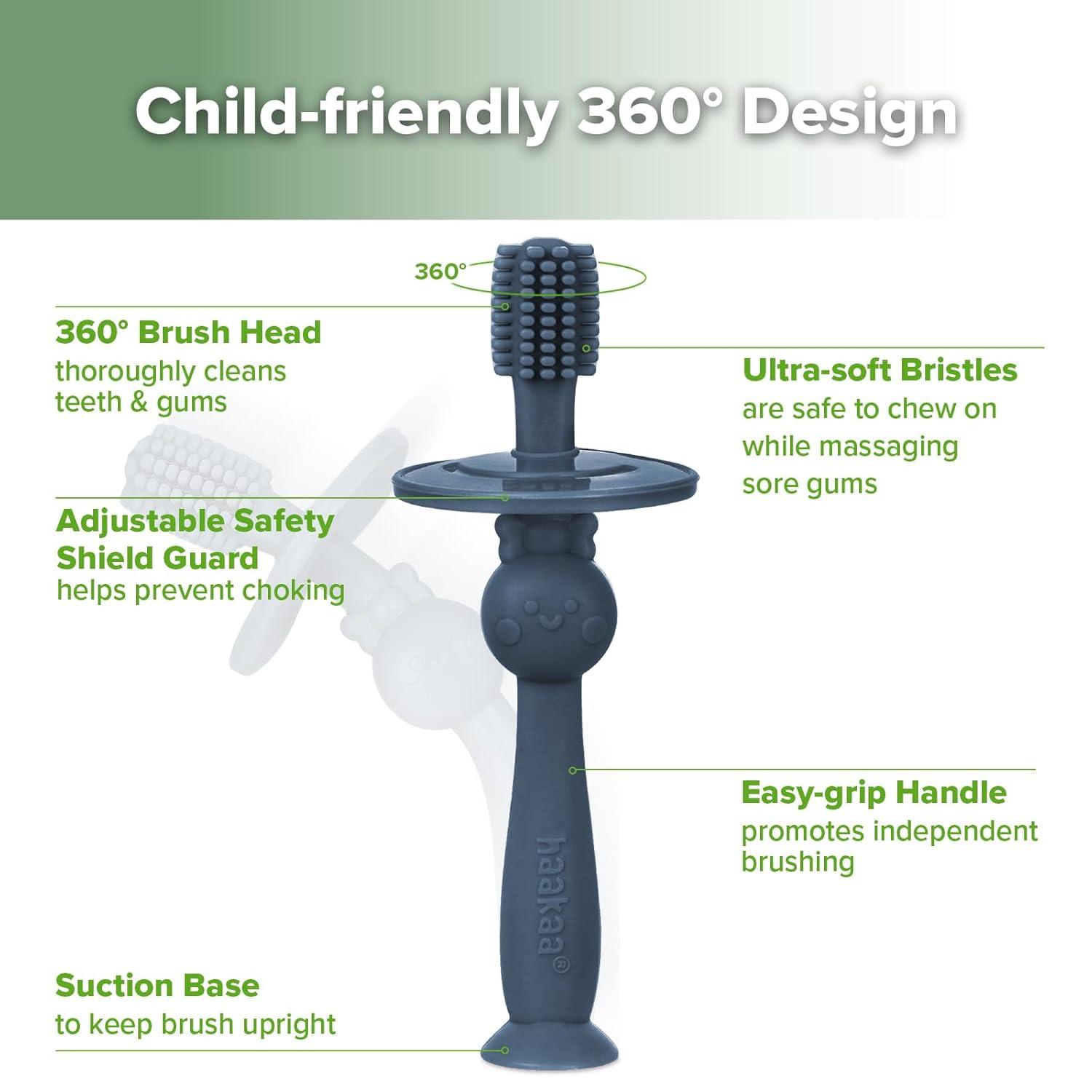 image:imagehaakaa 360 Baby Toothbrush with Suction Base Gentle Cleaning for Infant SelfBrushing Training FoodGrade Silicone Adjustable Safety Shield Pea Green 1 PieceSteel Blue