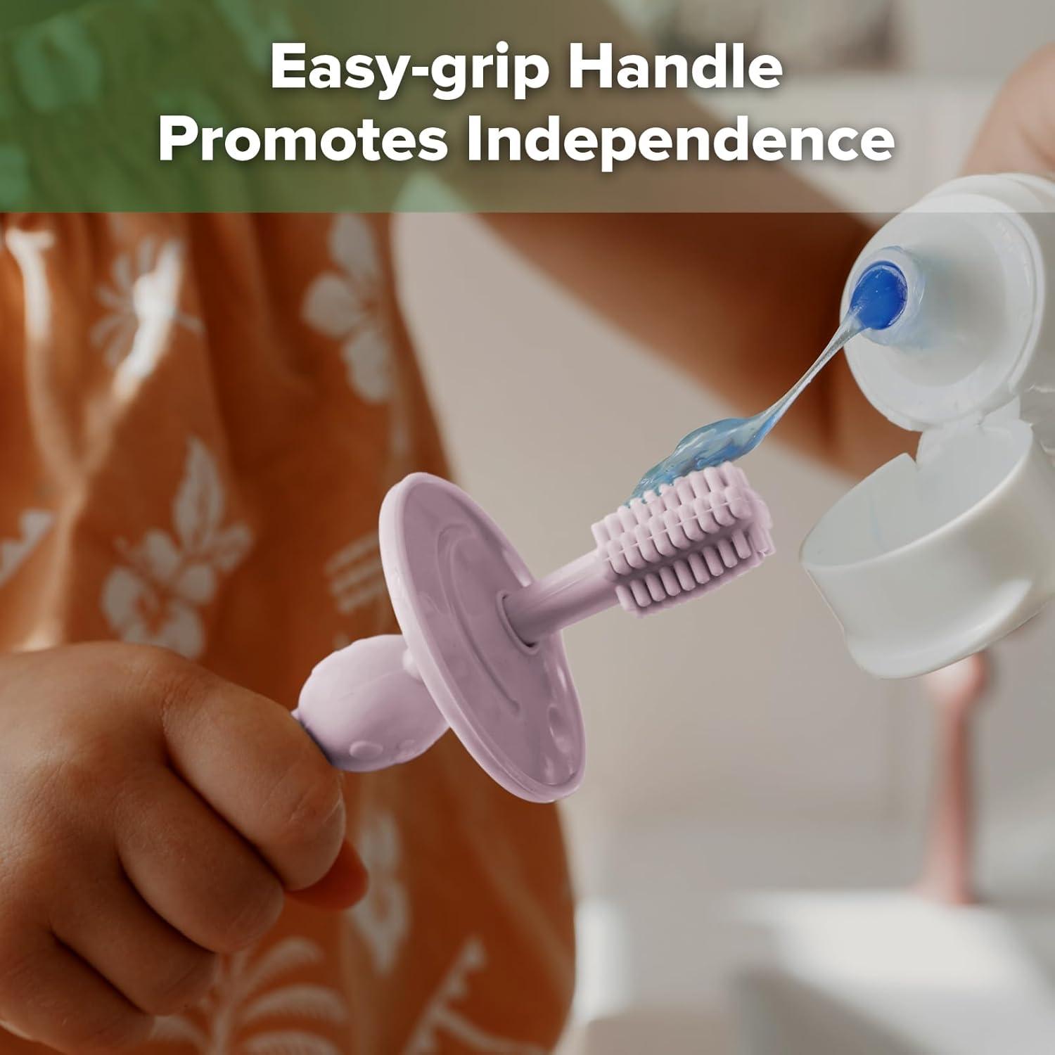 image:imagehaakaa 360 Baby Toothbrush with Suction Base Gentle Cleaning for Infant SelfBrushing Training FoodGrade Silicone Adjustable Safety Shield Pea Green 1 PieceLavender