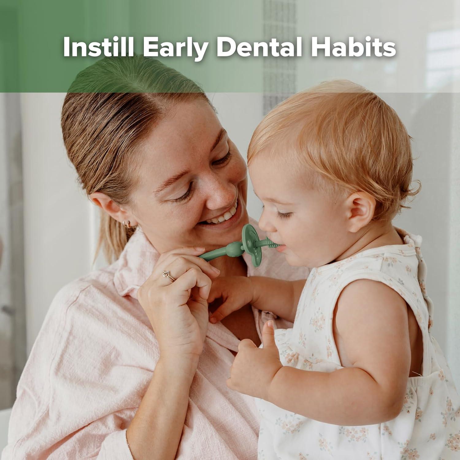 image:imagehaakaa 360 Baby Toothbrush with Suction Base Gentle Cleaning for Infant SelfBrushing Training FoodGrade Silicone Adjustable Safety Shield Pea Green 1 PieceJade