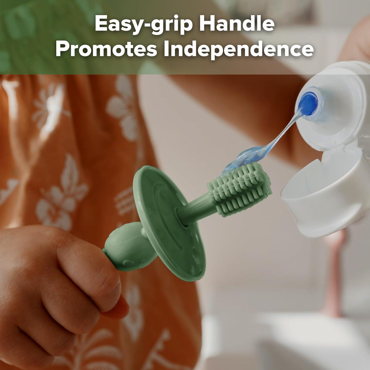 image:imagehaakaa 360 Baby Toothbrush with Suction Base Gentle Cleaning for Infant SelfBrushing Training FoodGrade Silicone Adjustable Safety Shield Pea Green 1 PieceJade