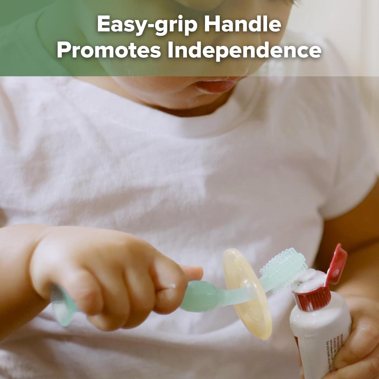 image:imagehaakaa 360 Baby Toothbrush with Suction Base Gentle Cleaning for Infant SelfBrushing Training FoodGrade Silicone Adjustable Safety Shield Pea Green 1 PieceBlue