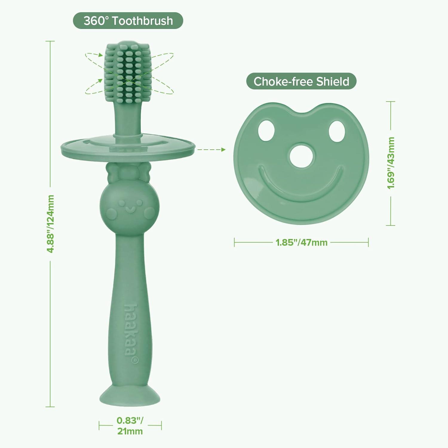 image:imagehaakaa 360 Baby Toothbrush with Suction Base Gentle Cleaning for Infant SelfBrushing Training FoodGrade Silicone Adjustable Safety Shield Pea Green 1 PieceJade