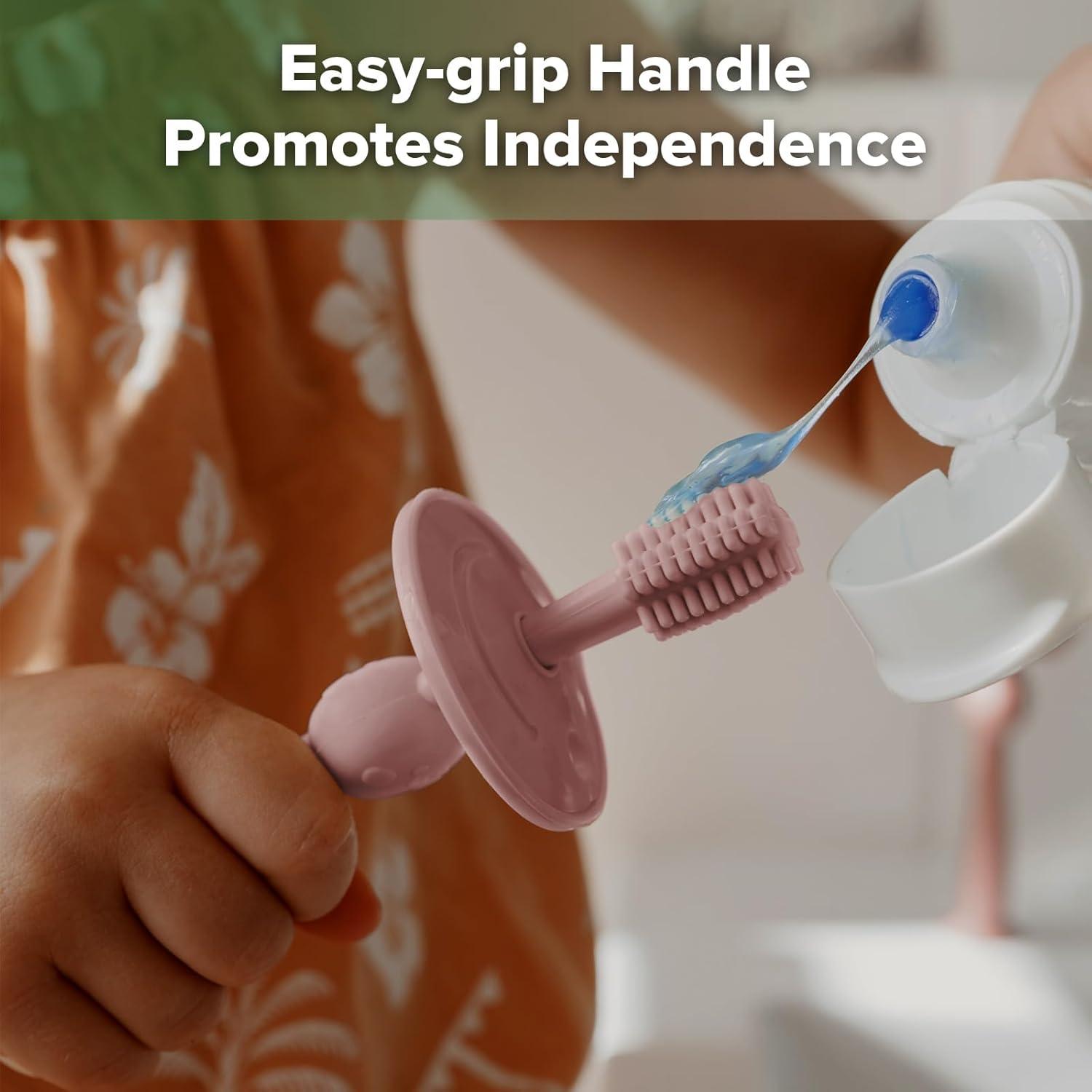 image:imagehaakaa 360 Baby Toothbrush with Suction Base Gentle Cleaning for Infant SelfBrushing Training FoodGrade Silicone Adjustable Safety Shield Pea Green 1 PieceBlush