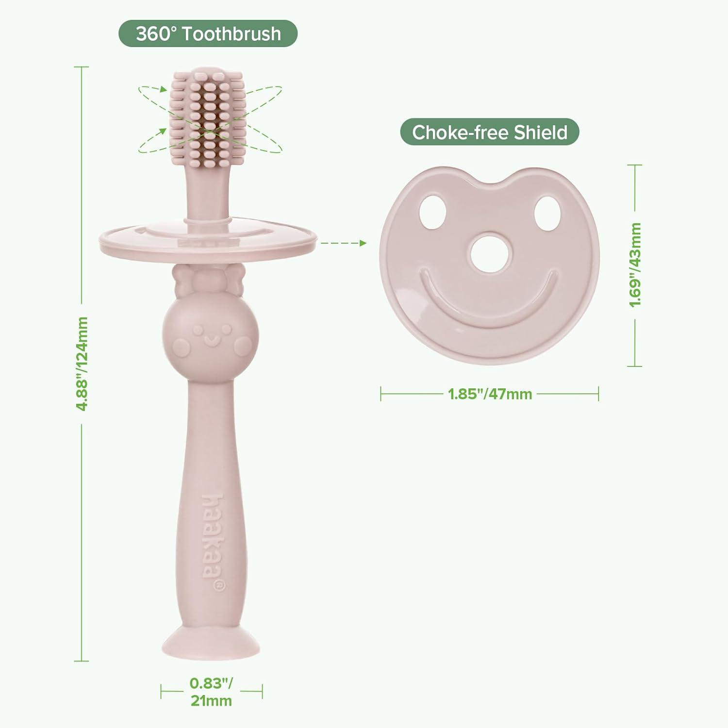 image:imagehaakaa 360 Baby Toothbrush with Suction Base Gentle Cleaning for Infant SelfBrushing Training FoodGrade Silicone Adjustable Safety Shield Pea Green 1 PieceDusty Pink
