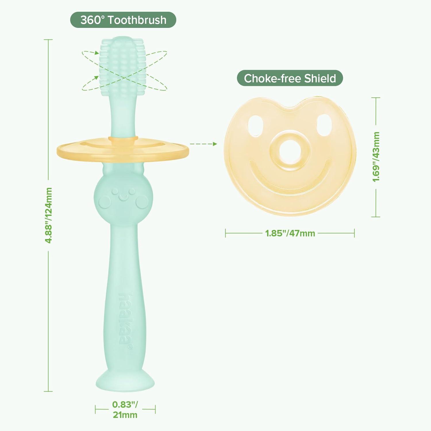 image:imagehaakaa 360 Baby Toothbrush with Suction Base Gentle Cleaning for Infant SelfBrushing Training FoodGrade Silicone Adjustable Safety Shield Pea Green 1 PieceBlue