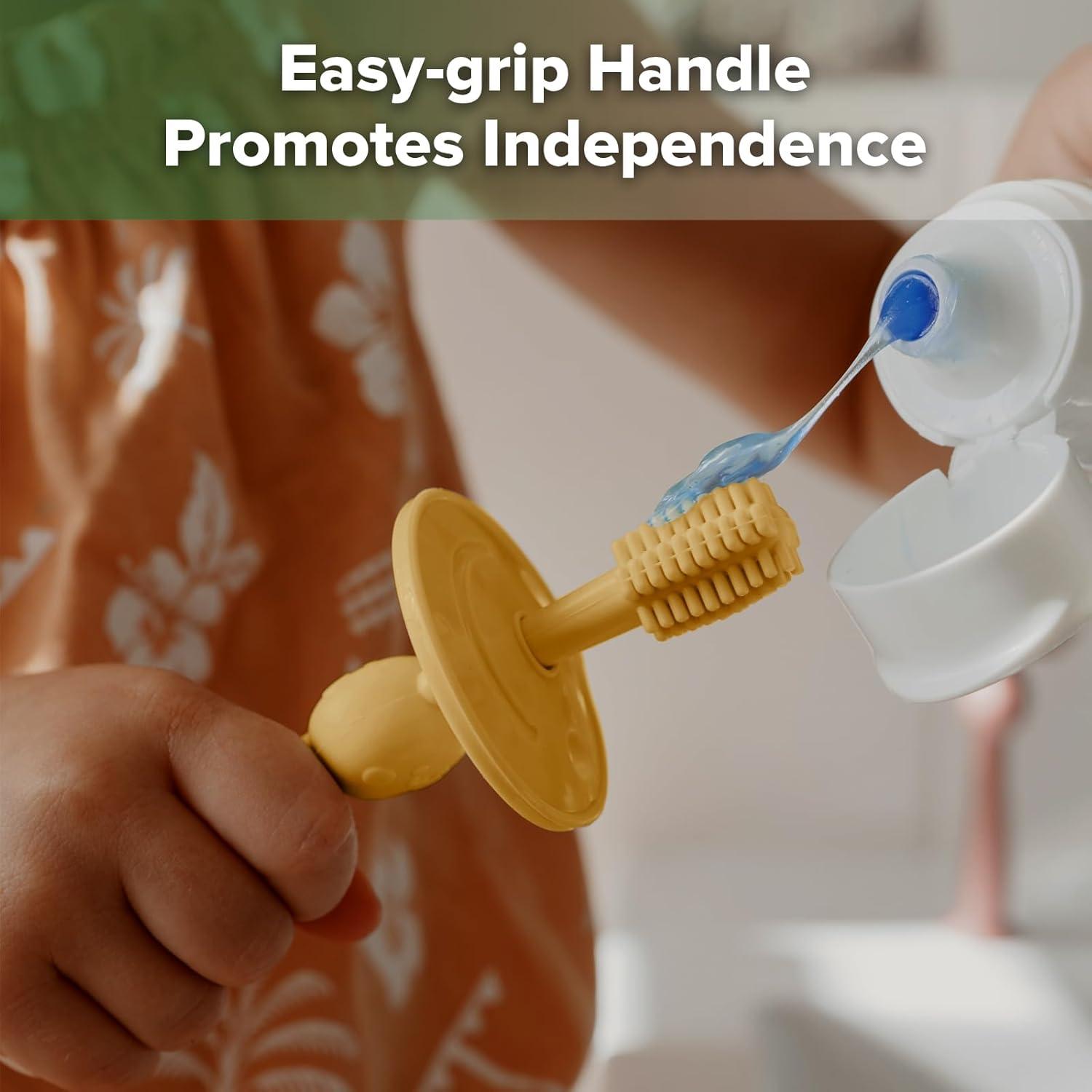 image:imagehaakaa 360 Baby Toothbrush with Suction Base Gentle Cleaning for Infant SelfBrushing Training FoodGrade Silicone Adjustable Safety Shield Pea Green 1 PieceMustard