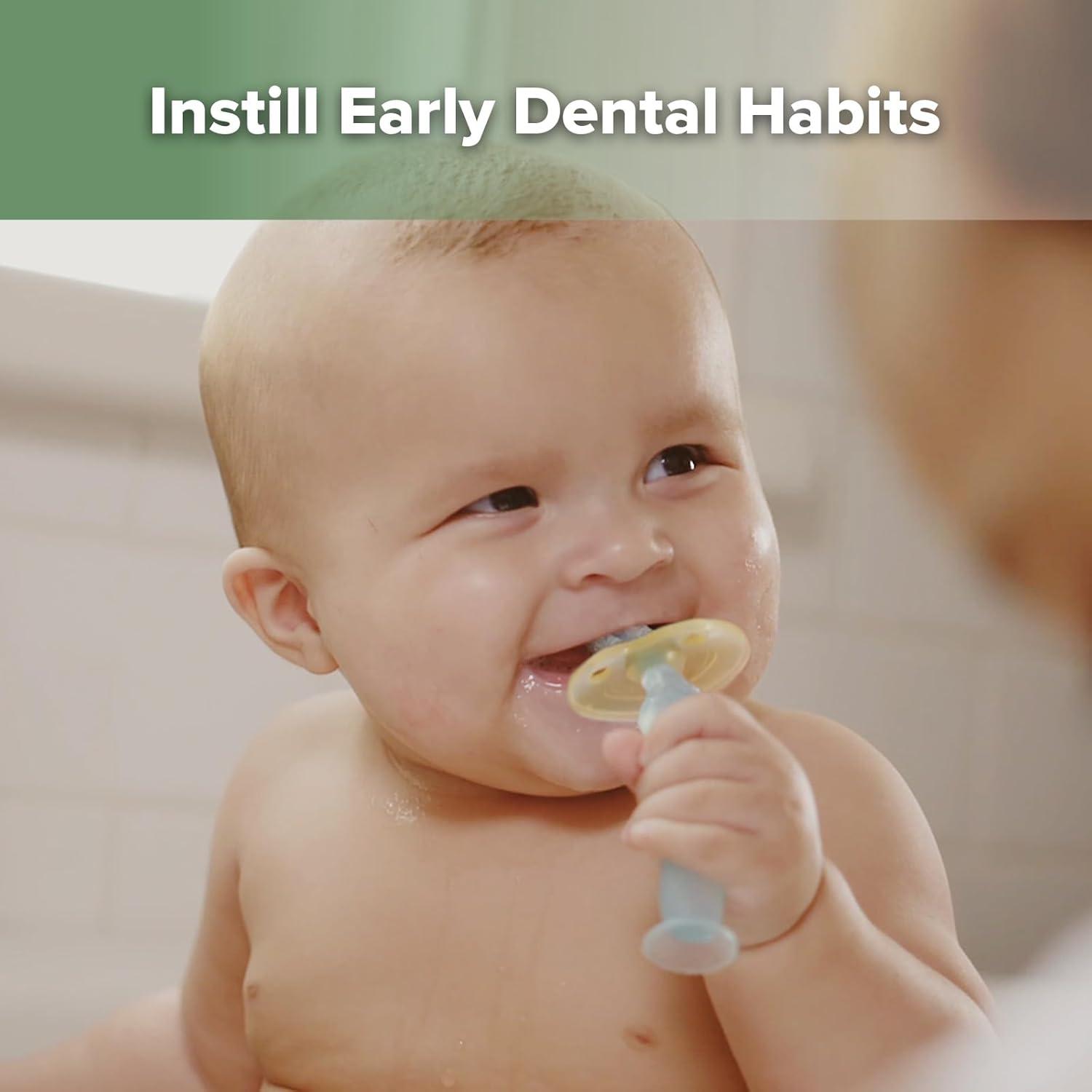 image:imagehaakaa 360 Baby Toothbrush with Suction Base Gentle Cleaning for Infant SelfBrushing Training FoodGrade Silicone Adjustable Safety Shield Pea Green 1 PieceBlue