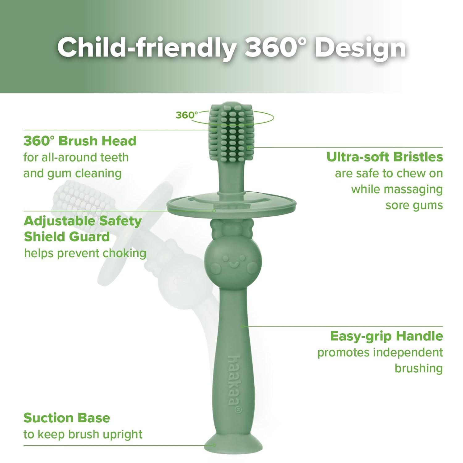 image:imagehaakaa 360 Baby Toothbrush with Suction Base Gentle Cleaning for Infant SelfBrushing Training FoodGrade Silicone Adjustable Safety Shield Pea Green 1 PieceJade