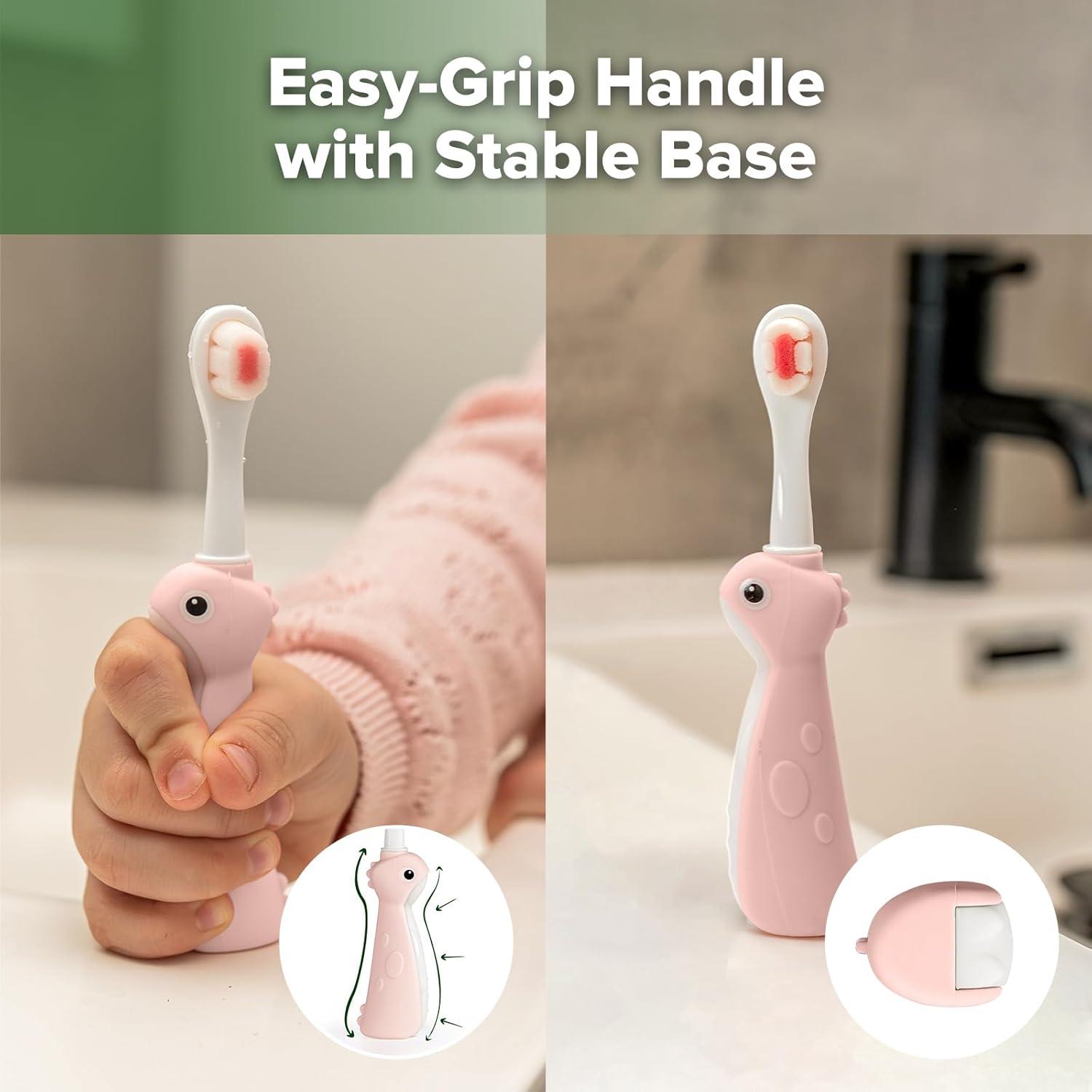 image:imagehaakaa Dinosaur Toothbrush for Kids 24 Soft Bristles Baby Toothbrush for Toddlers with Silicone Handle NonSlip Grip amp Tongue Cleaner BPA Free Pink 2 CountsPink
