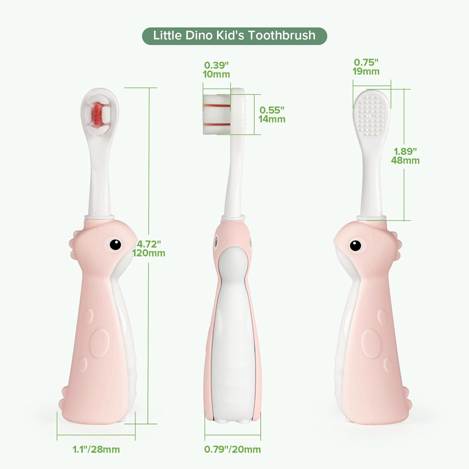 image:imagehaakaa Dinosaur Toothbrush for Kids 24 Soft Bristles Baby Toothbrush for Toddlers with Silicone Handle NonSlip Grip amp Tongue Cleaner BPA Free Pink 2 CountsPink