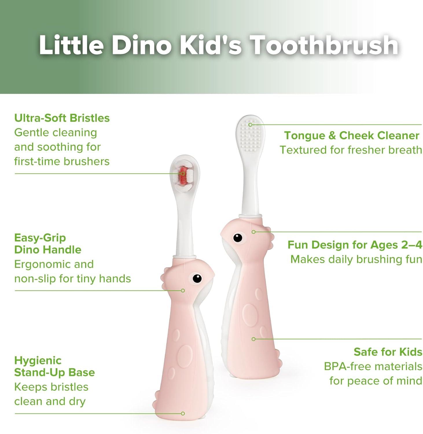 image:imagehaakaa Dinosaur Toothbrush for Kids 24 Soft Bristles Baby Toothbrush for Toddlers with Silicone Handle NonSlip Grip amp Tongue Cleaner BPA Free Pink 2 CountsPink