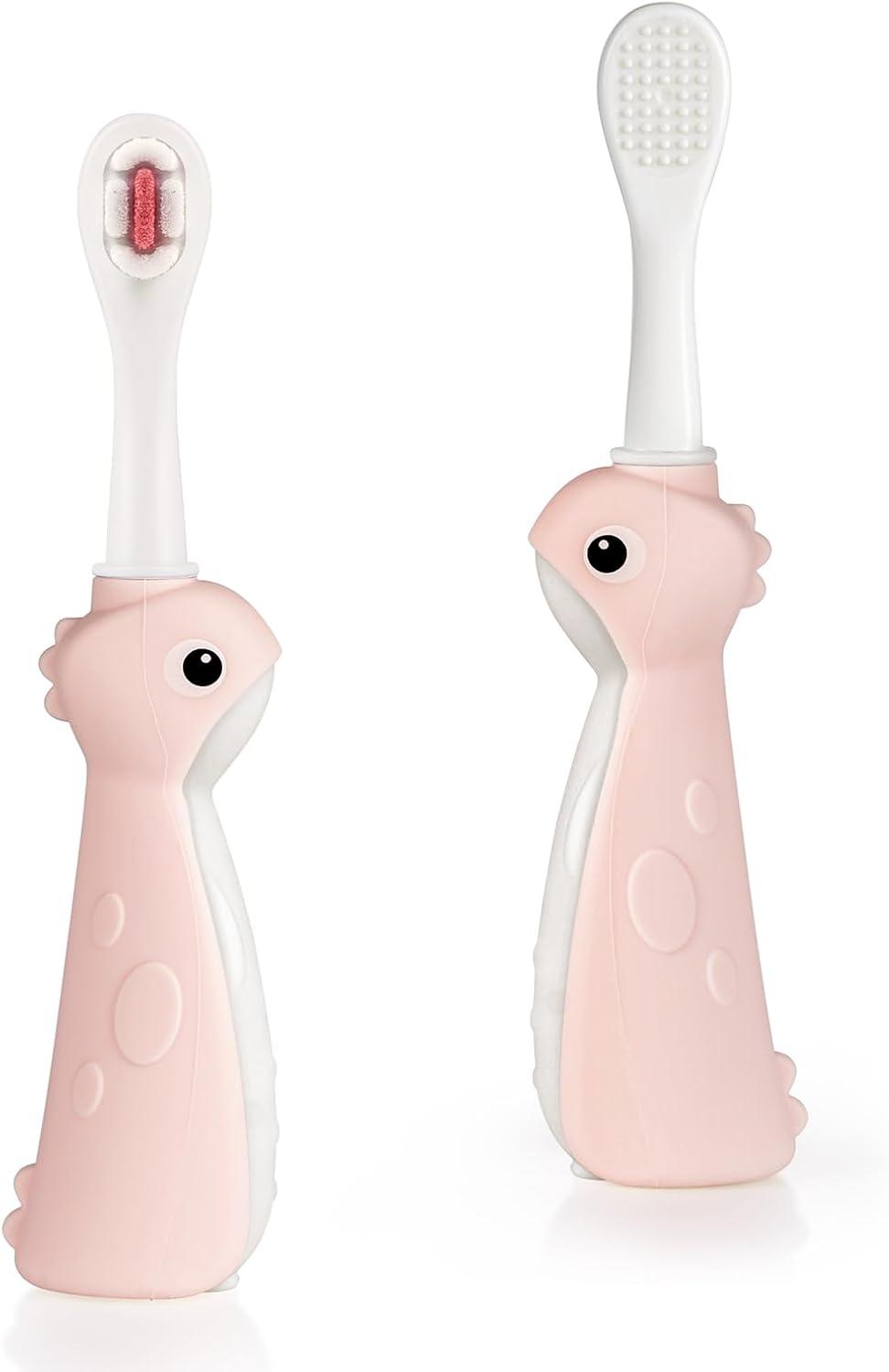 image:imagehaakaa Dinosaur Toothbrush for Kids 24 Soft Bristles Baby Toothbrush for Toddlers with Silicone Handle NonSlip Grip amp Tongue Cleaner BPA Free Pink 2 CountsPink
