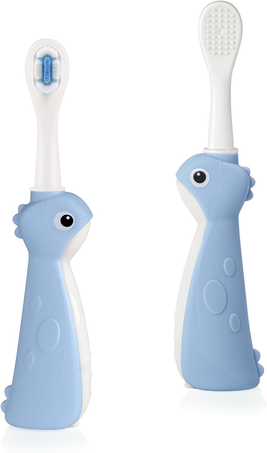 image:imagehaakaa Dinosaur Toothbrush for Kids 24 Soft Bristles Baby Toothbrush for Toddlers with Silicone Handle NonSlip Grip amp Tongue Cleaner BPA Free Pink 2 CountsBlue