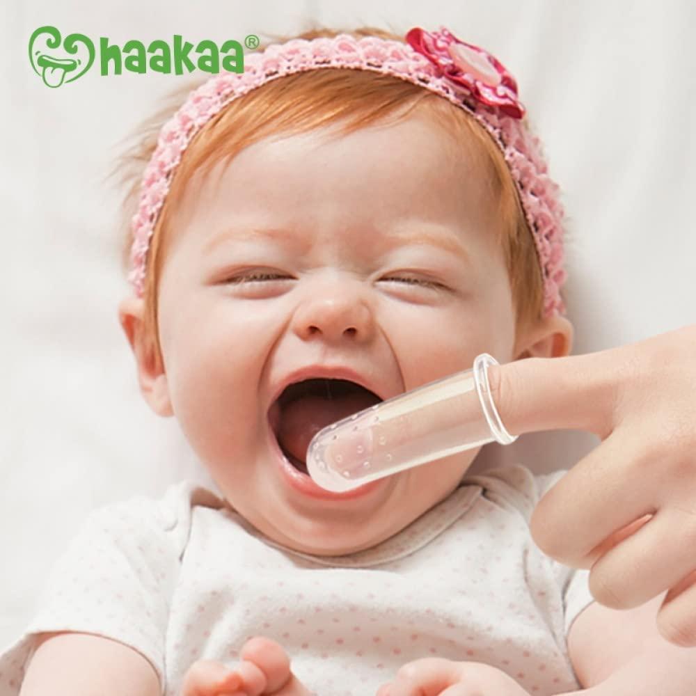 image:imagehaakaa Silicone Baby Finger Toothbrush Set 360 Bristle for Baby Oral Gum Cleaning Baby Teething Training Newborn Oral Massager BPA Free2PK 0mBabies Clear