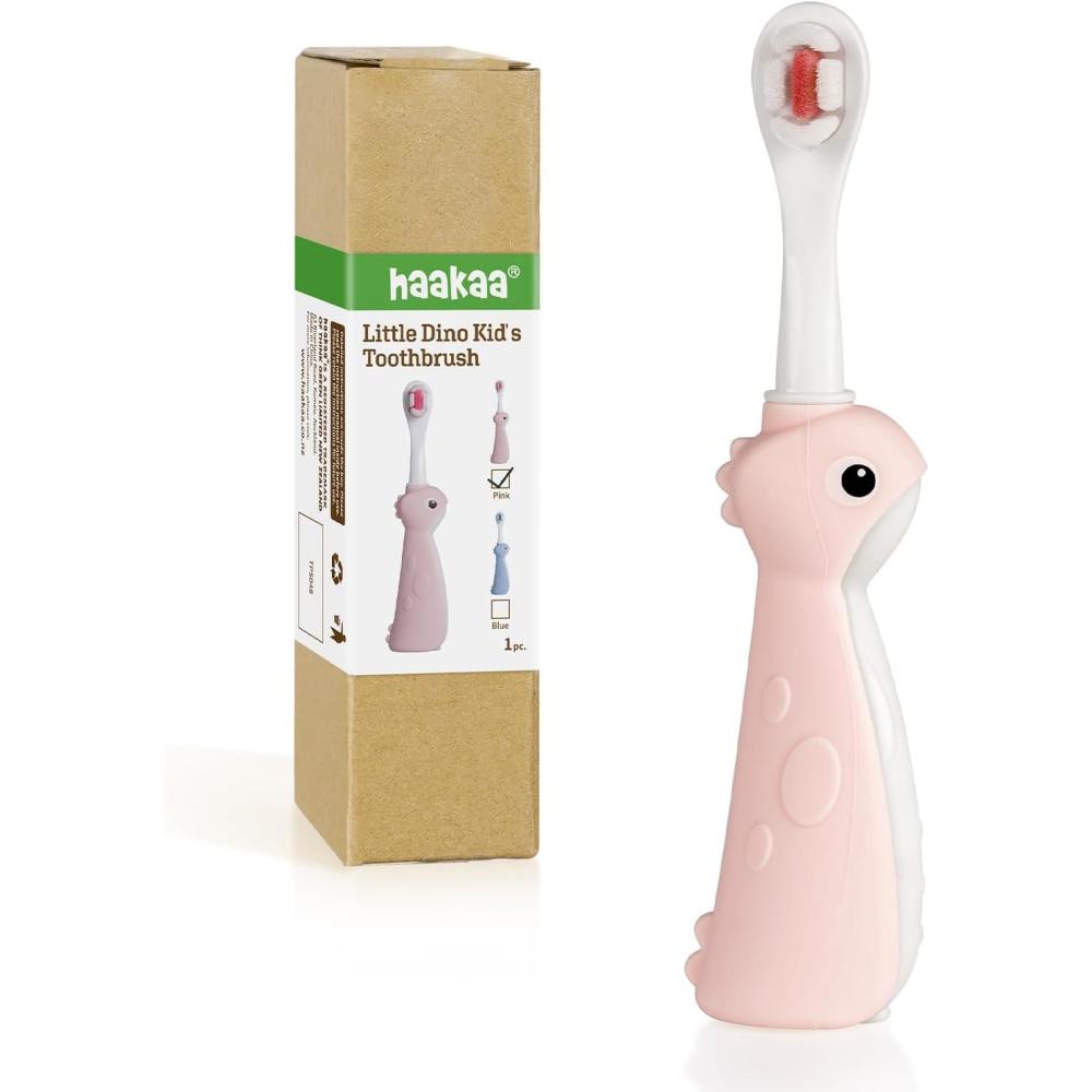 image:imagehaakaa Dinosaur Toothbrush for Kids 24  Soft Bristles Baby Toothbrush for Toddlers with Silicone Handle NonSlip Grip amp Tongue Cleaner BPA Free  Pink 2 CountsPink