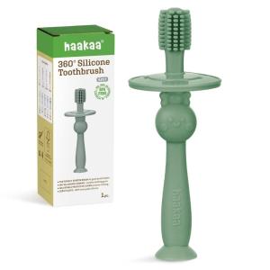 haakaa 360° Baby Toothbrush with Suction Base – Gentle Cleaning for Infant Self-Brushing Training, Food-Grade Silicone, Adjustable Safety Shield – Pea Green (1 Piece)(Jade)