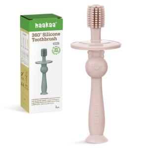 haakaa 360° Baby Toothbrush with Suction Base – Gentle Cleaning for Infant Self-Brushing Training, Food-Grade Silicone, Adjustable Safety Shield – Pea Green (1 Piece)(Dusty Pink)
