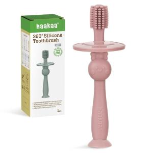 haakaa 360° Baby Toothbrush with Suction Base – Gentle Cleaning for Infant Self-Brushing Training, Food-Grade Silicone, Adjustable Safety Shield – Pea Green (1 Piece)(Blush)