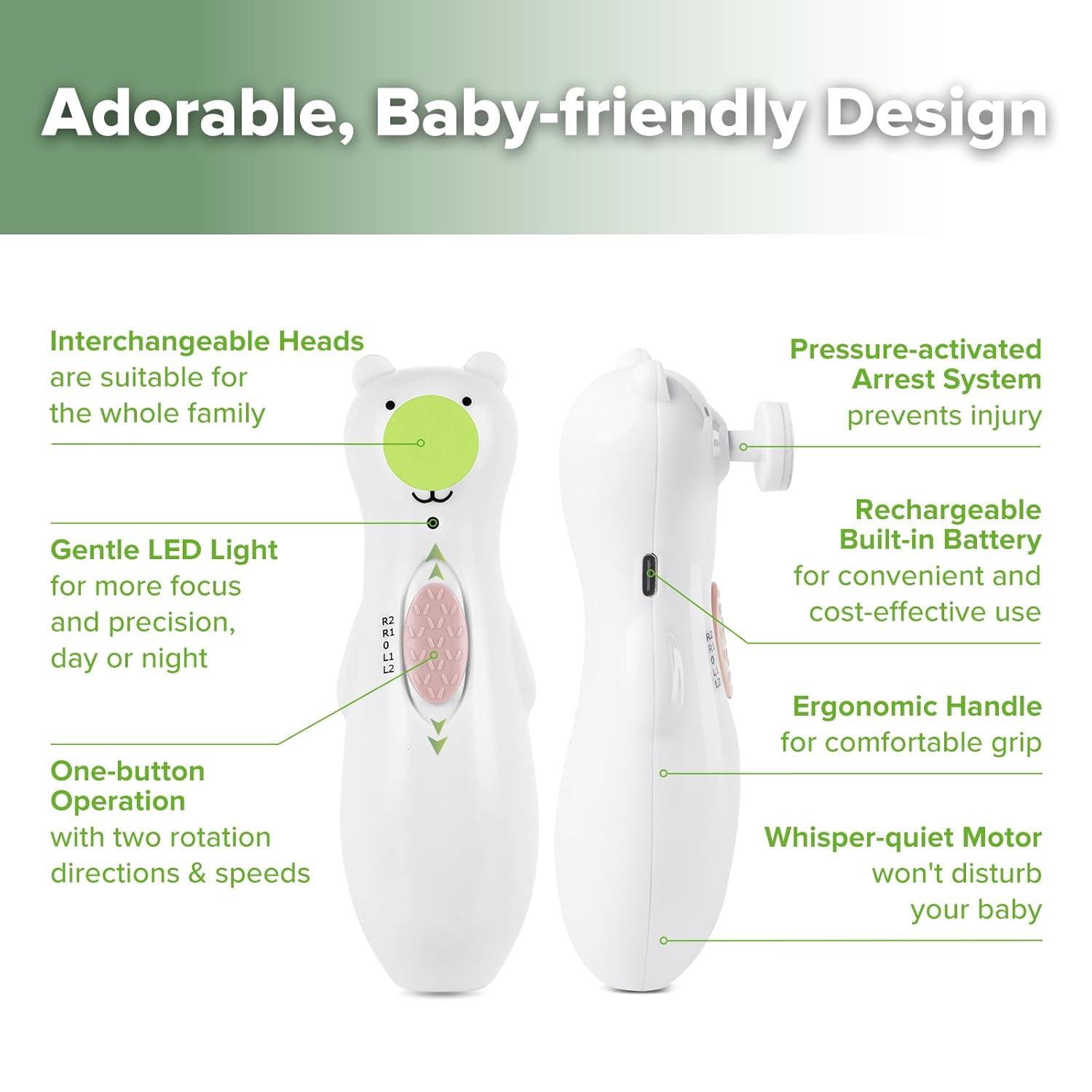 image:imagehaakaa Rechargeable Baby Nail File Baby Nail Trimmer Electric with LED Light Rechargeable Baby Nail Clippers for NewbornAdults Toes and Fingernails Additional Replacement Heads amp Charging CablePolar White