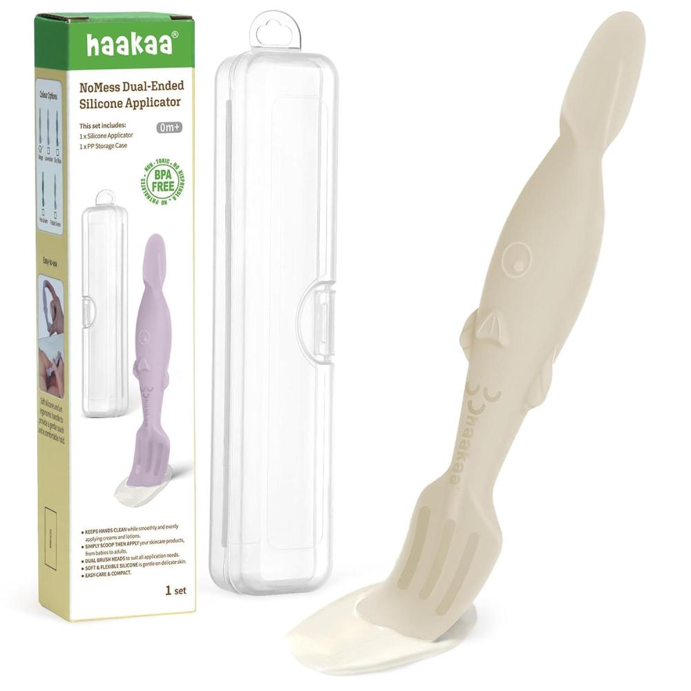 image:imagehaakaa Baby Diaper Cream Spatula Messfree Silicone Diaper Rash Cream Applicator with Carrying Case Diaper Cream Brush for Baby Pea GreenBeige