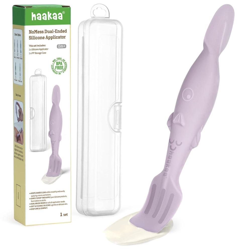 image:imagehaakaa Baby Diaper Cream Spatula Messfree Silicone Diaper Rash Cream Applicator with Carrying Case Diaper Cream Brush for Baby Pea GreenLavender