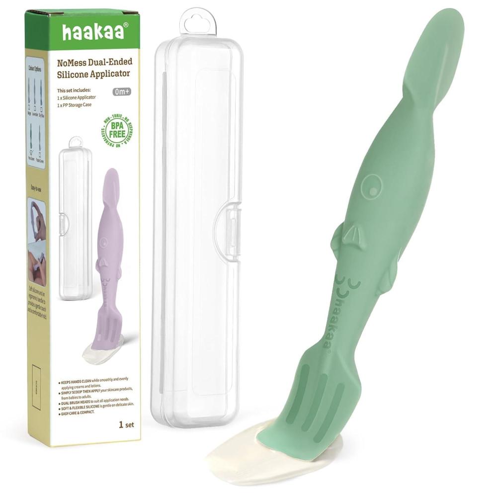image:imagehaakaa Baby Diaper Cream Spatula Messfree Silicone Diaper Rash Cream Applicator with Carrying Case Diaper Cream Brush for Baby Pea GreenPea Green