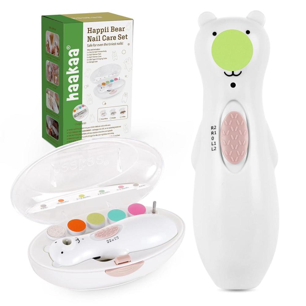 image:imagehaakaa Rechargeable Baby Nail File Baby Nail Trimmer Electric with LED Light Rechargeable Baby Nail Clippers for NewbornAdults Toes and Fingernails Additional Replacement Heads amp Charging CablePolar White