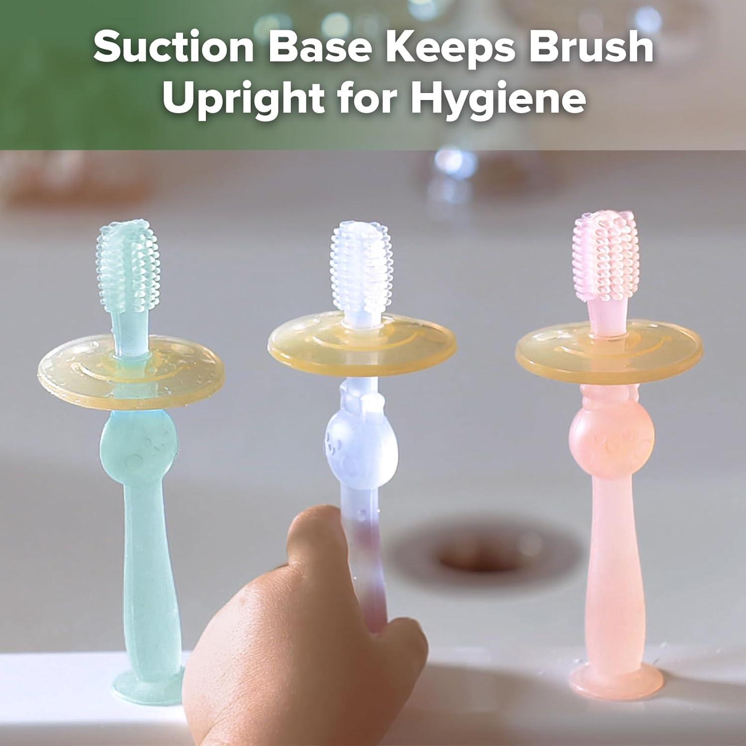 image:imagehaakaa 360 Baby Toothbrush with Suction Base Gentle Cleaning for Toddlers SelfBrushing Training FoodGrade Silicone Adjustable Safety Shield Blue 1 PieceBlue