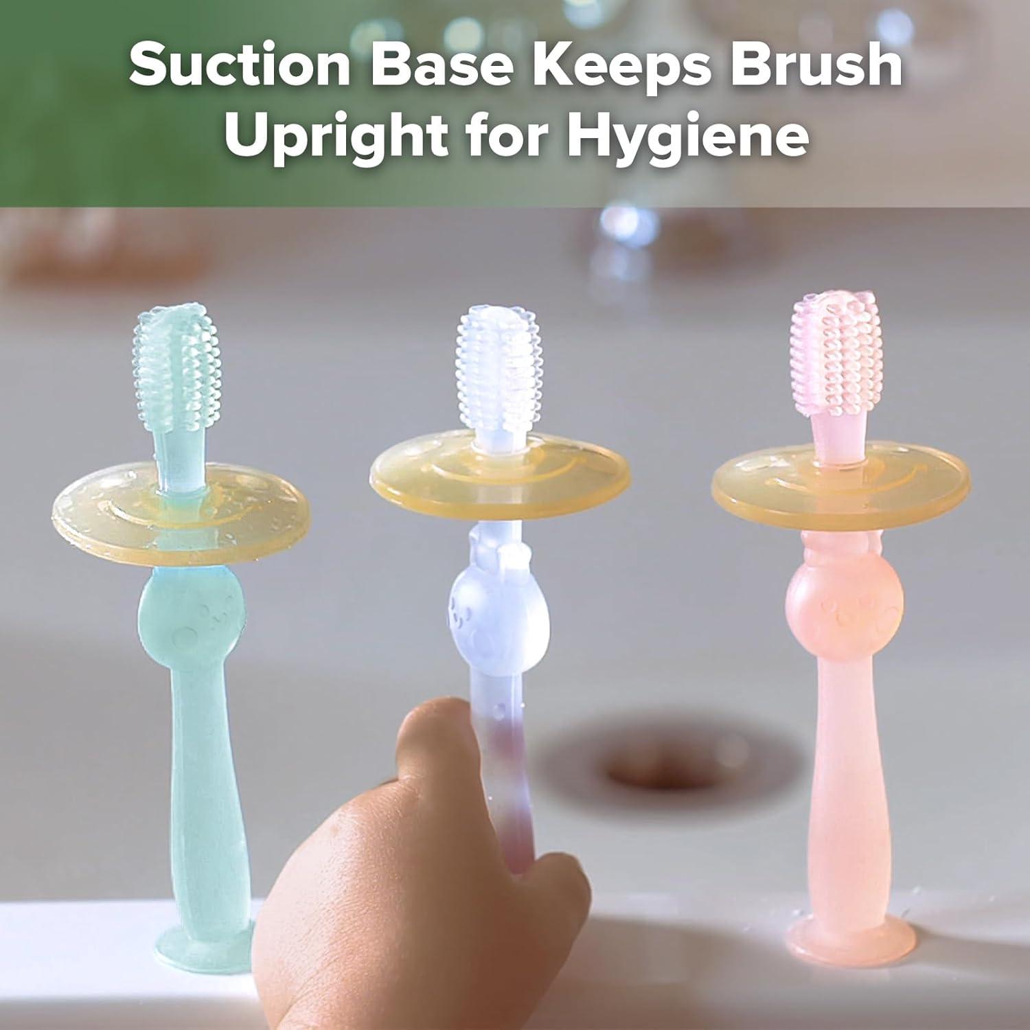 image:imagehaakaa 360 Baby Toothbrush with Suction Base Gentle Cleaning for Toddlers SelfBrushing Training FoodGrade Silicone Adjustable Safety Shield Blue 1 PiecePink