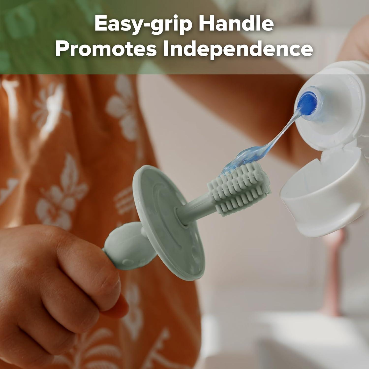 image:imagehaakaa 360 Baby Toothbrush with Suction Base Gentle Cleaning for Toddlers SelfBrushing Training FoodGrade Silicone Adjustable Safety Shield Blue 1 PiecePea Green