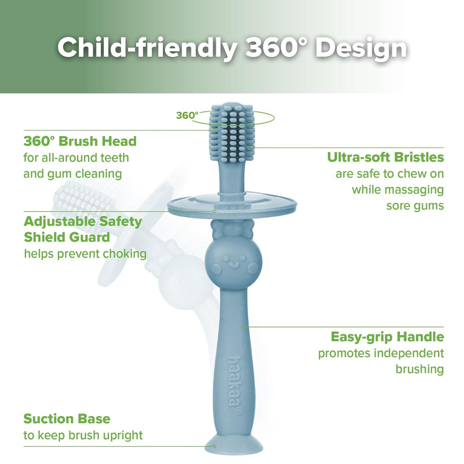 image:imagehaakaa 360 Baby Toothbrush with Suction Base Gentle Cleaning for Toddlers SelfBrushing Training FoodGrade Silicone Adjustable Safety Shield Blue 1 PieceSky Blue