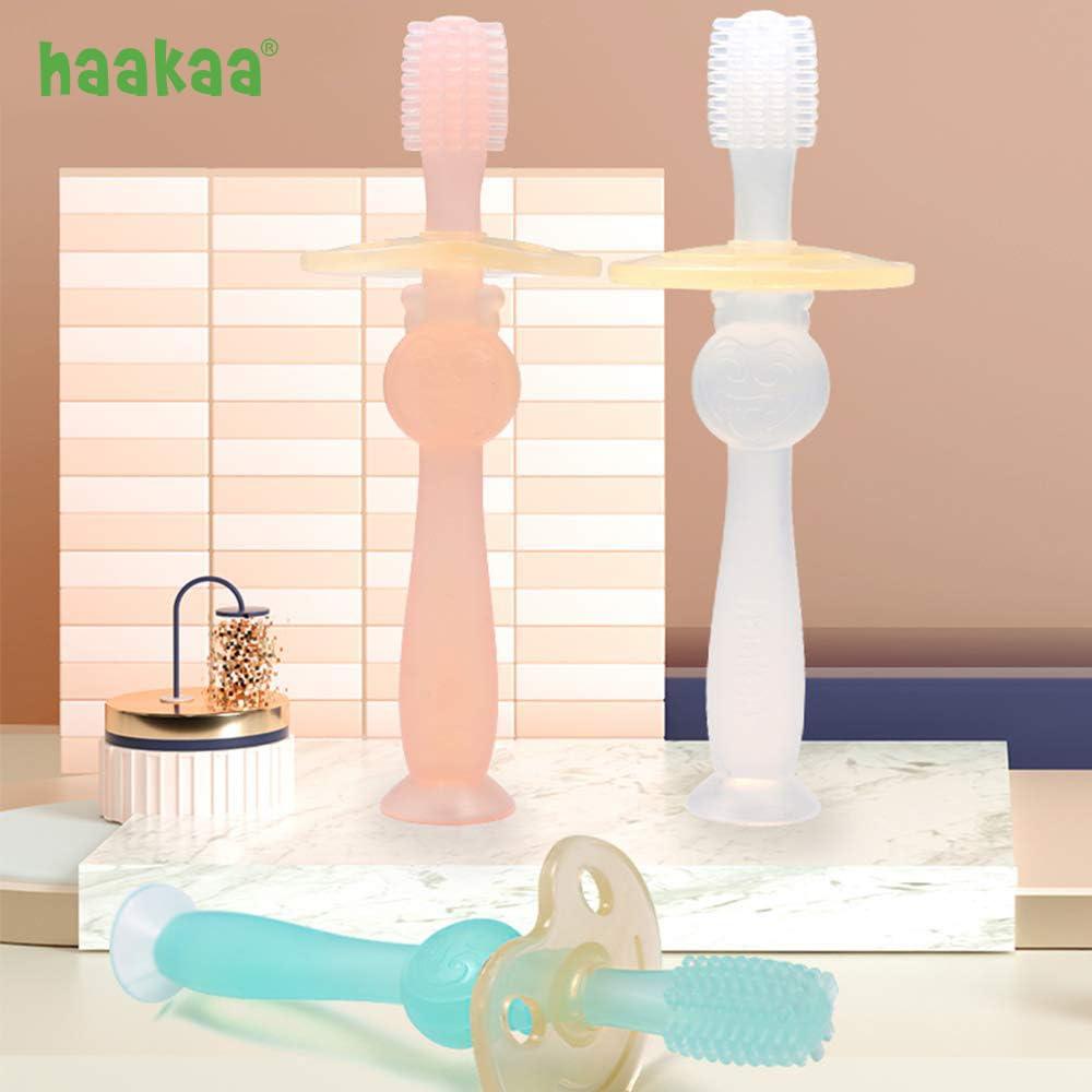 image:imagehaakaa 360 Baby Toothbrush with Suction Base Gentle Cleaning for Toddlers SelfBrushing Training FoodGrade Silicone Adjustable Safety Shield Blue 1 PiecePink
