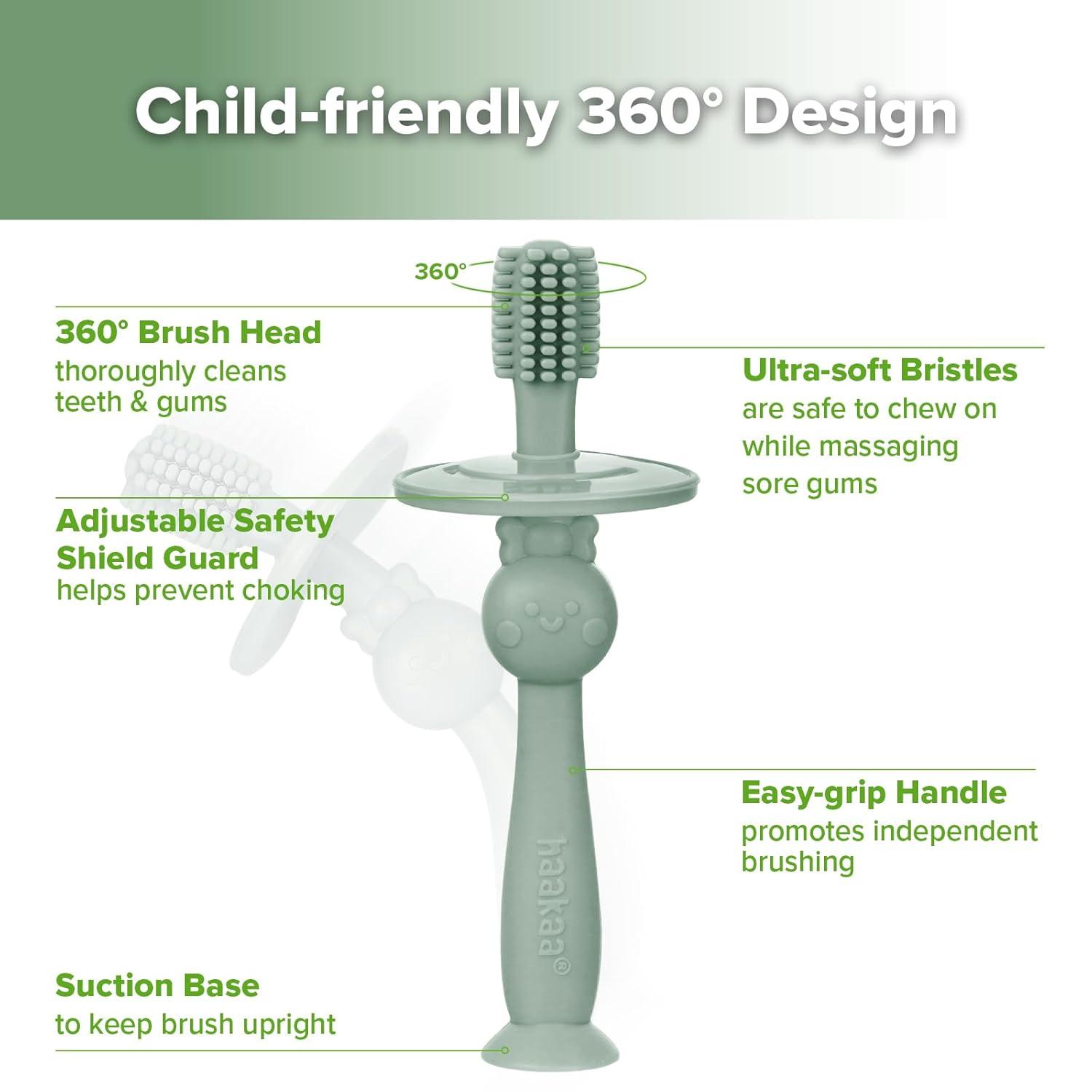 image:imagehaakaa 360 Baby Toothbrush with Suction Base Gentle Cleaning for Toddlers SelfBrushing Training FoodGrade Silicone Adjustable Safety Shield Blue 1 PiecePea Green