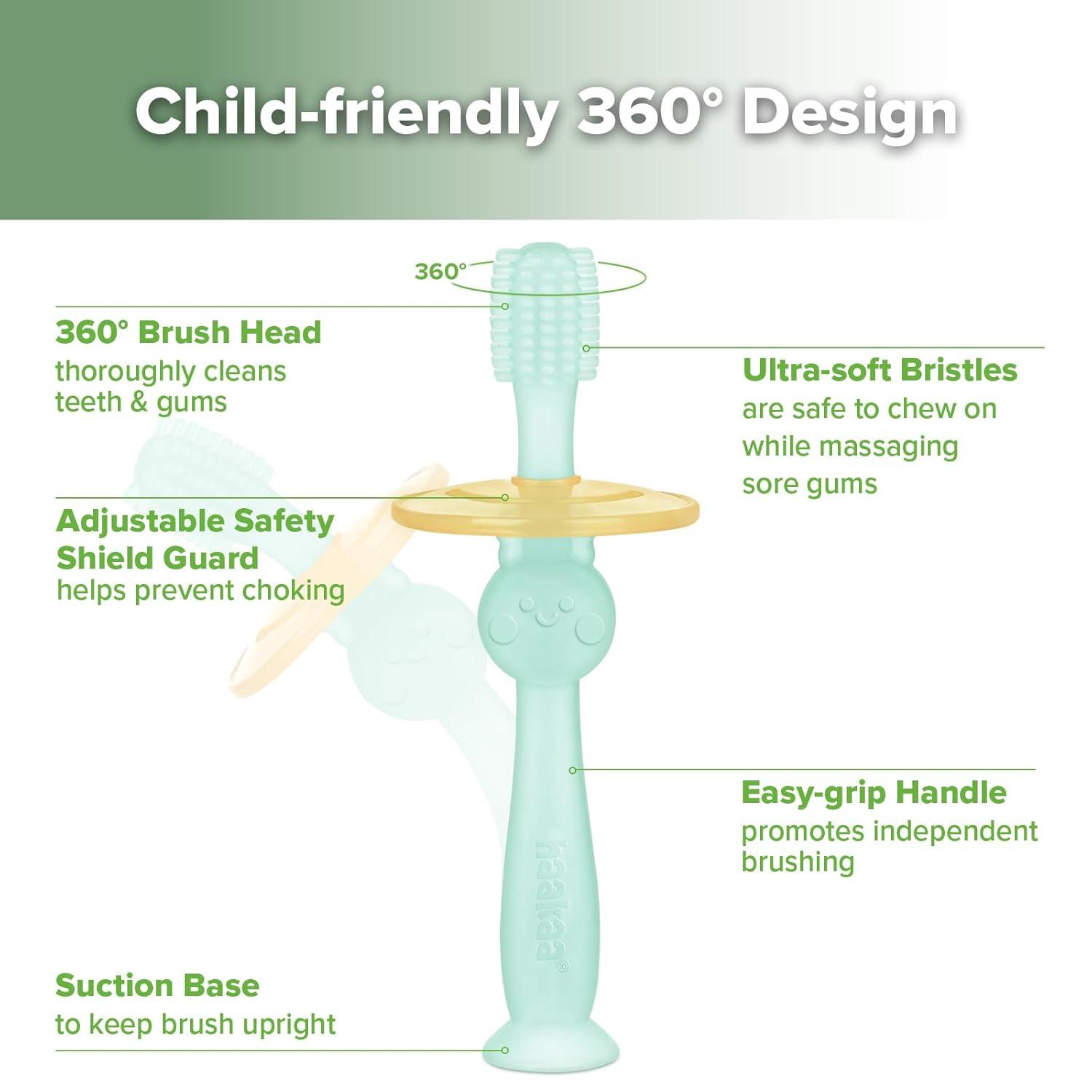 image:imagehaakaa 360 Baby Toothbrush with Suction Base Gentle Cleaning for Toddlers SelfBrushing Training FoodGrade Silicone Adjustable Safety Shield Blue 1 PieceBlue