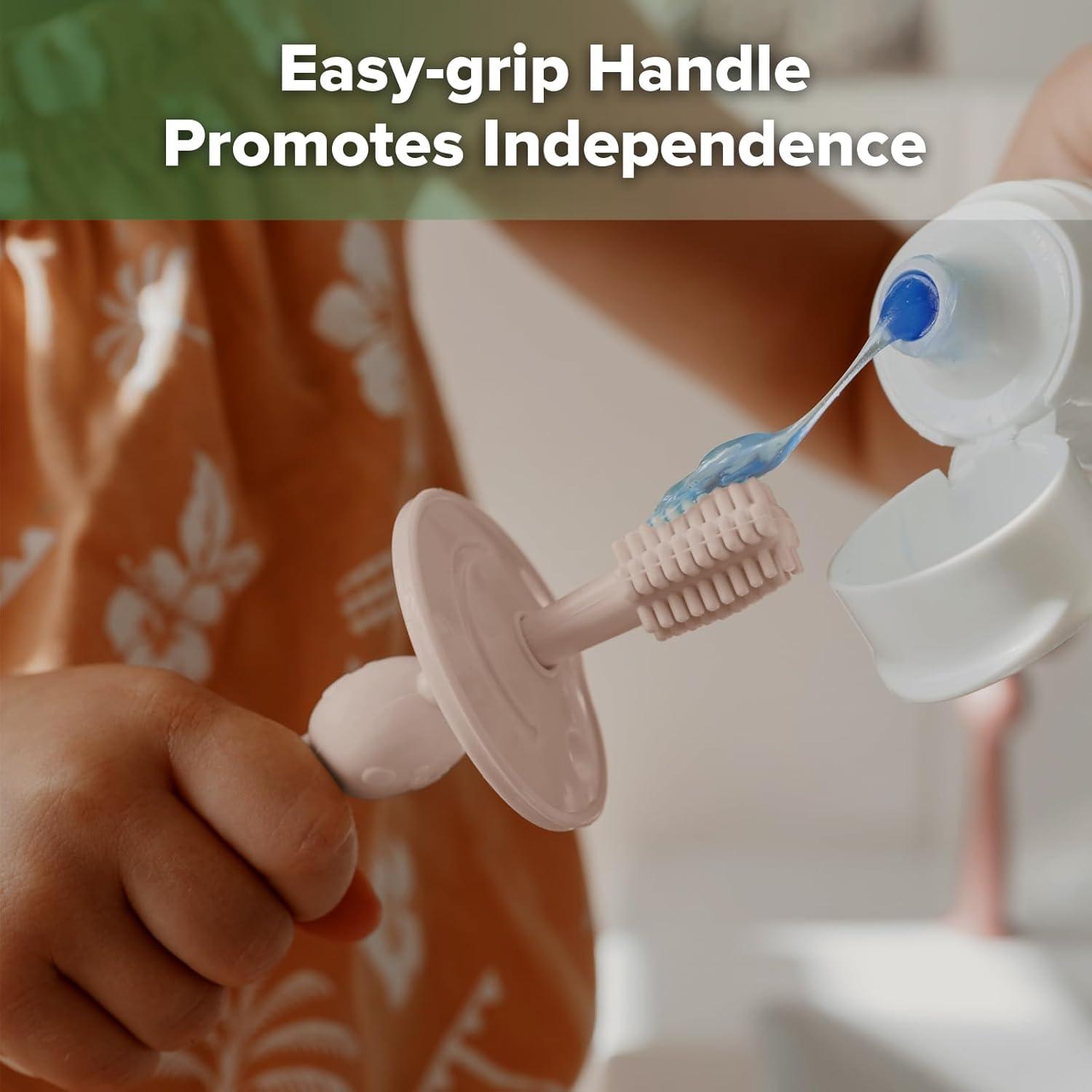 image:imagehaakaa 360 Baby Toothbrush with Suction Base Gentle Cleaning for Toddlers SelfBrushing Training FoodGrade Silicone Adjustable Safety Shield Blue 1 PieceDusty Pink