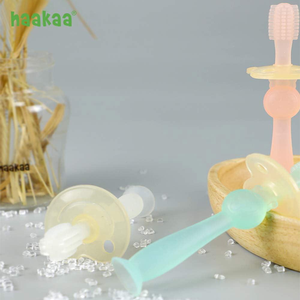 image:imagehaakaa 360 Baby Toothbrush with Suction Base Gentle Cleaning for Toddlers SelfBrushing Training FoodGrade Silicone Adjustable Safety Shield Blue 1 PiecePink